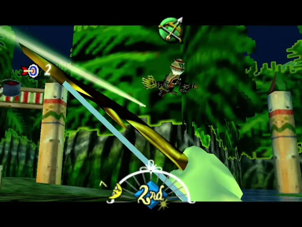 Link firing the Hero's Bow from the boat at a target while Koume flies past on her broom