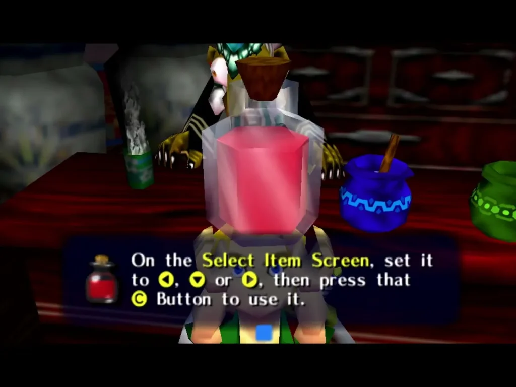 Red Potion bottle held up under a box explaining how to set it on the Select Item screen