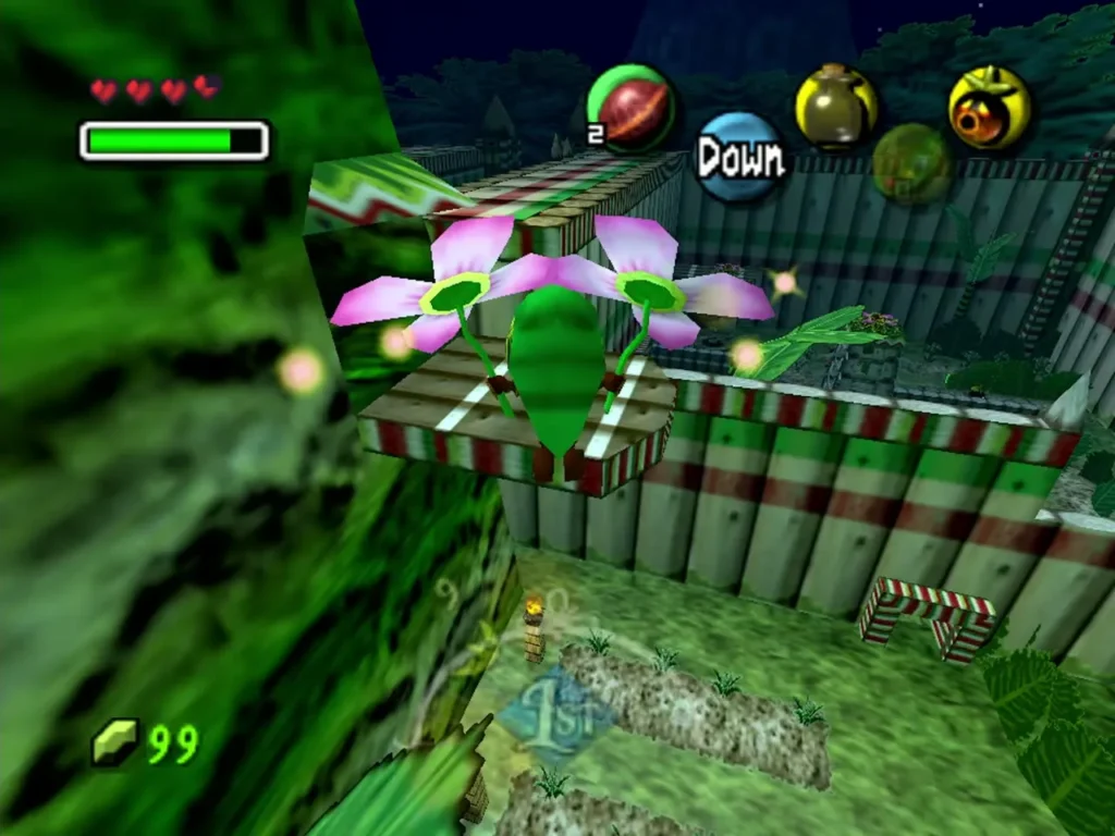 Deku Link on a pink Deku flower over the garden walls, ready to jump onward
