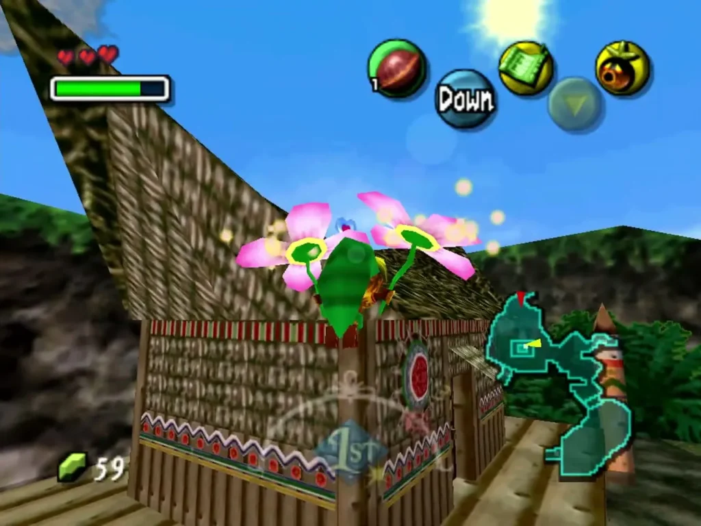 Deku Link launched from a pink Deku flower above the thatched roof of the Swamp Tourist Center