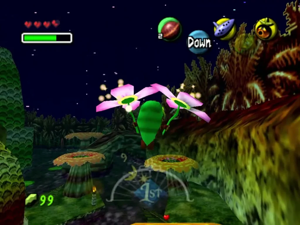Deku Link bouncing between pink Deku flowers above the swamp at night