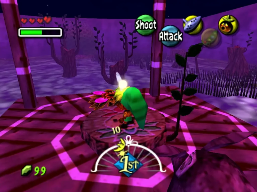 Deku Link standing on the Woodfall emblem platform with a fairy beside him
