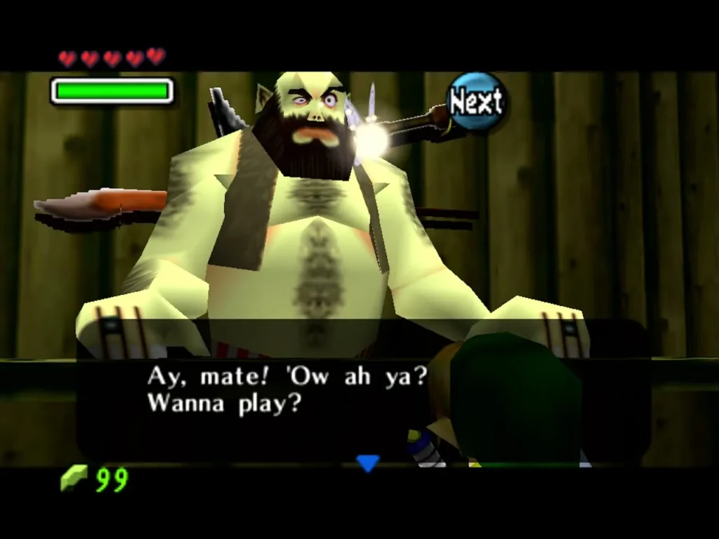The shooting gallery keeper asking Link if he wants to play