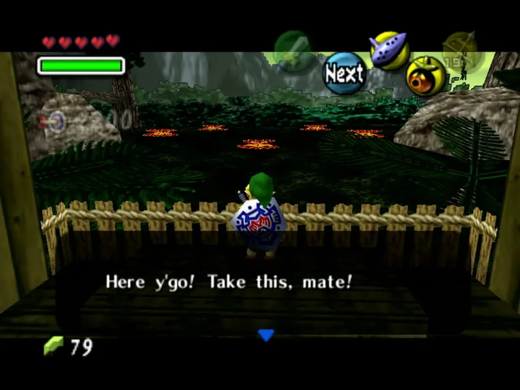 Gallery keeper handing Link his prize after a high score