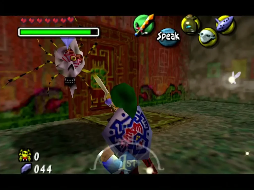 Link facing a Gold Skulltula beside the Swamp Spider House wall
