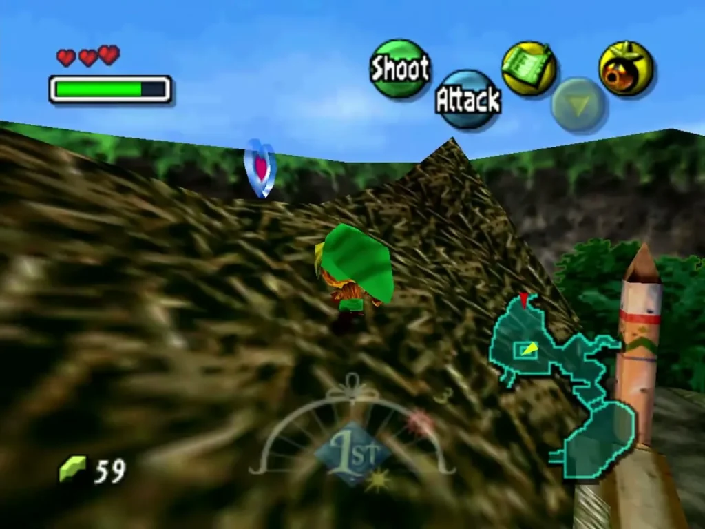 A Piece of Heart floating above the thatched roof of the Swamp Tourist Center as Deku Link glides in