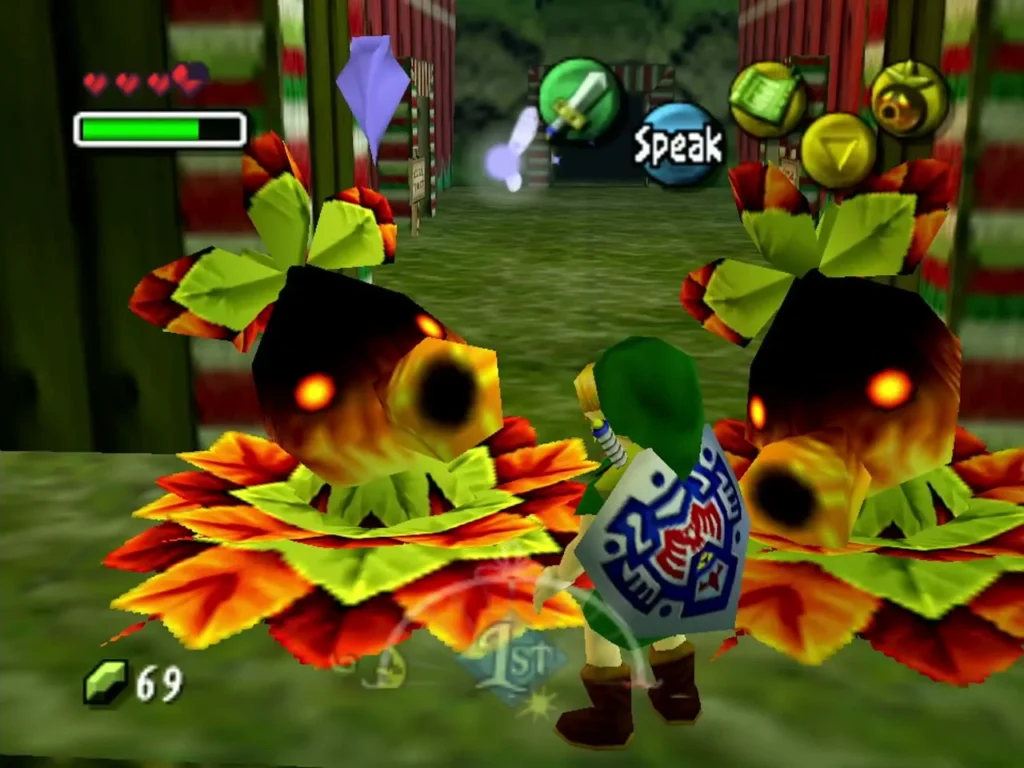 Link standing between two Deku guards in the palace garden