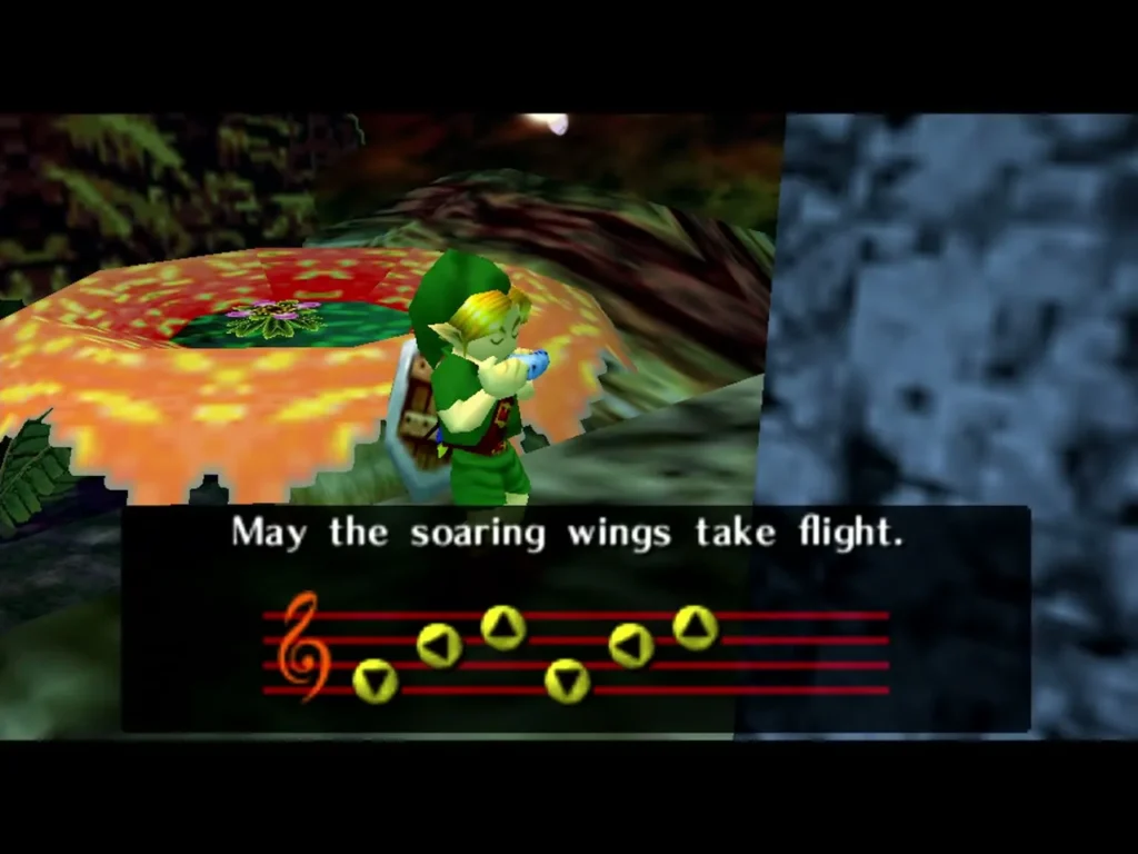 Link playing the Ocarina on the Woodfall path as the Song of Soaring is played