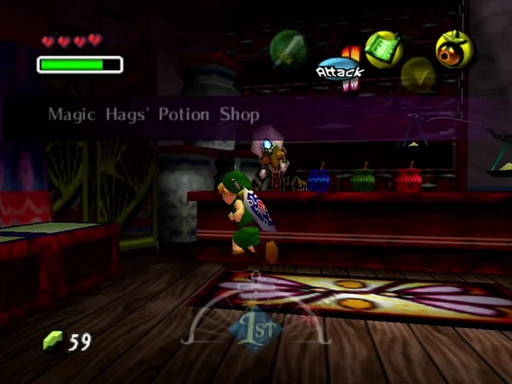 Link walking inside the Magic Hags' Potion Shop past the sign