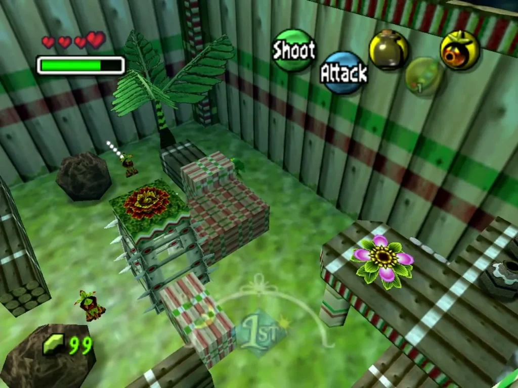 Deku Link in the palace garden with guards patrolling the hedges, a dotted line showing one guard's sight