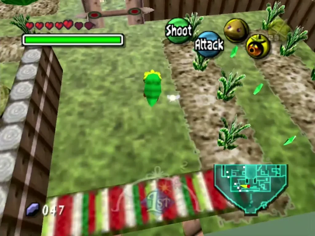 Deku Link running along the tall grass beside a planted bed in the palace garden