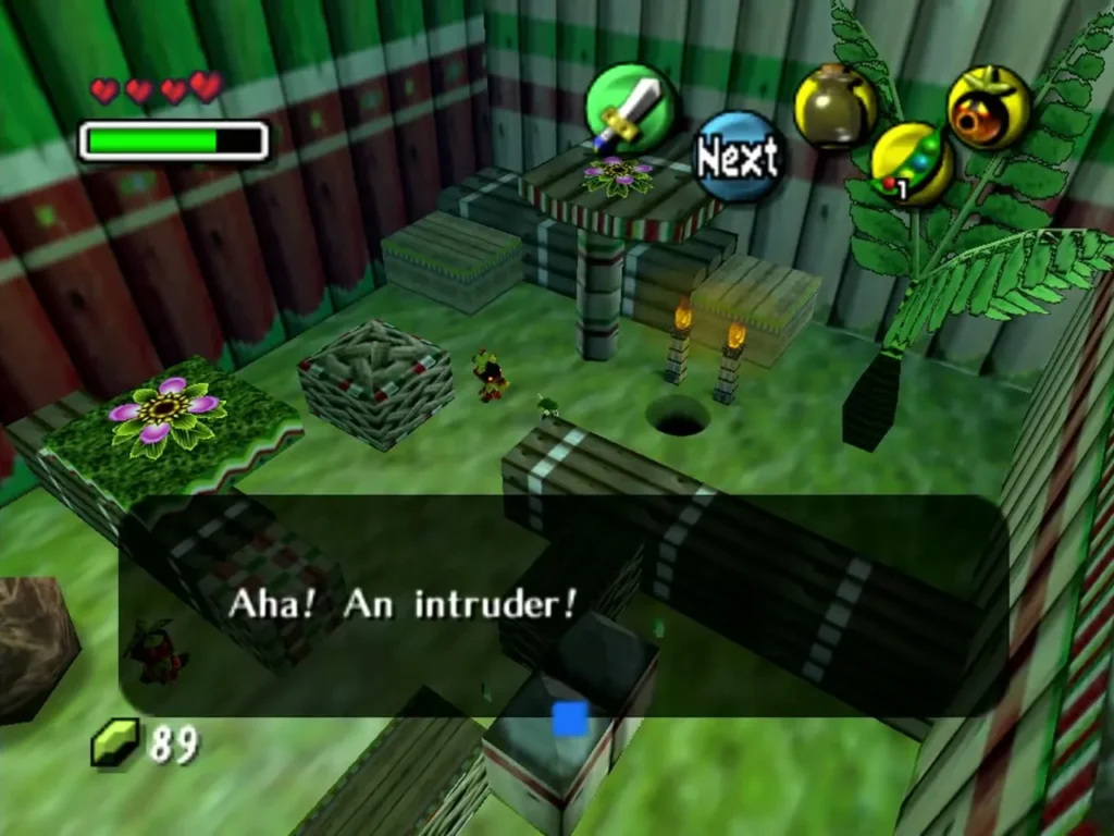 A Deku guard shouting Aha! An intruder! in the hedged palace garden