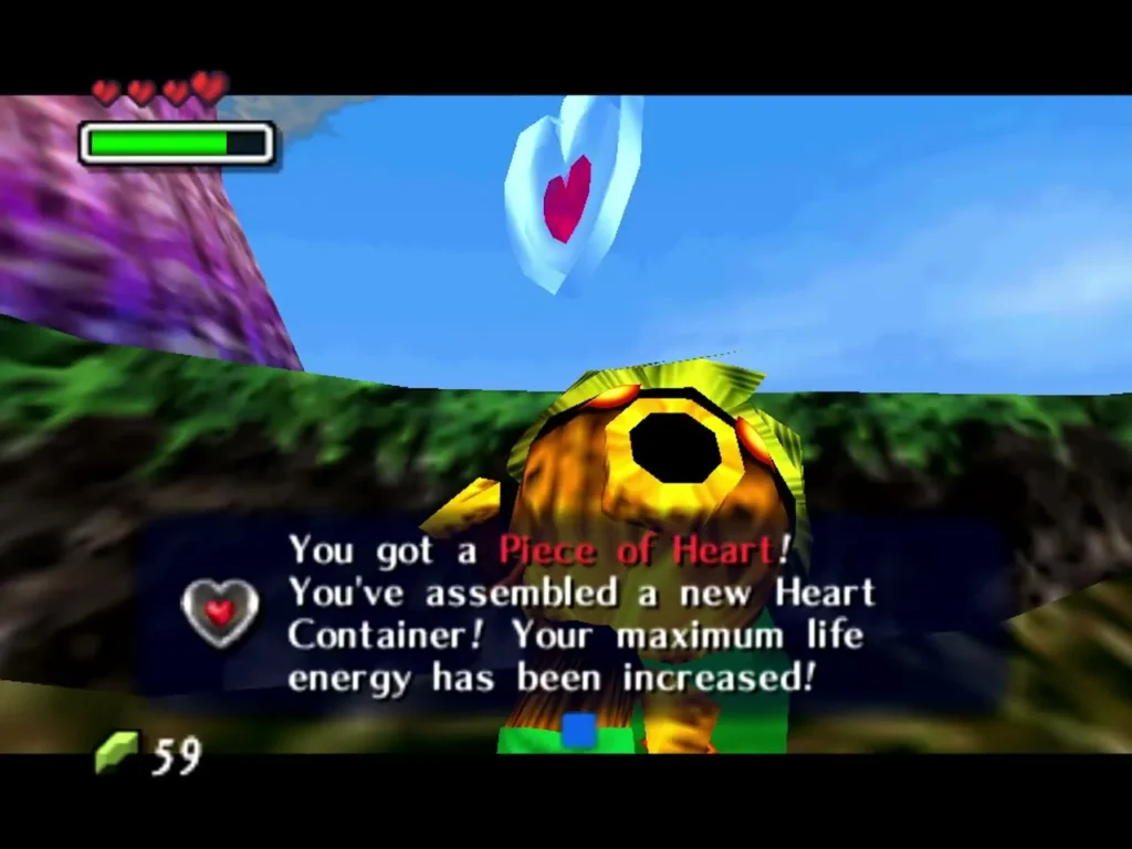 Deku Link holding up the Piece of Heart, the box reading a new Heart Container has been assembled