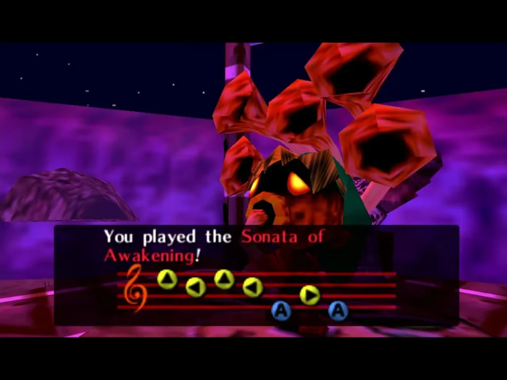 Deku Link playing the Sonata of Awakening on the Woodfall platform, its message box on screen