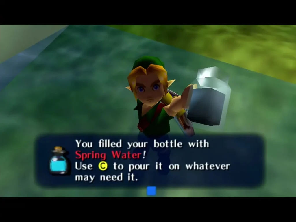 The message confirming that Link has filled his bottle with Spring Water