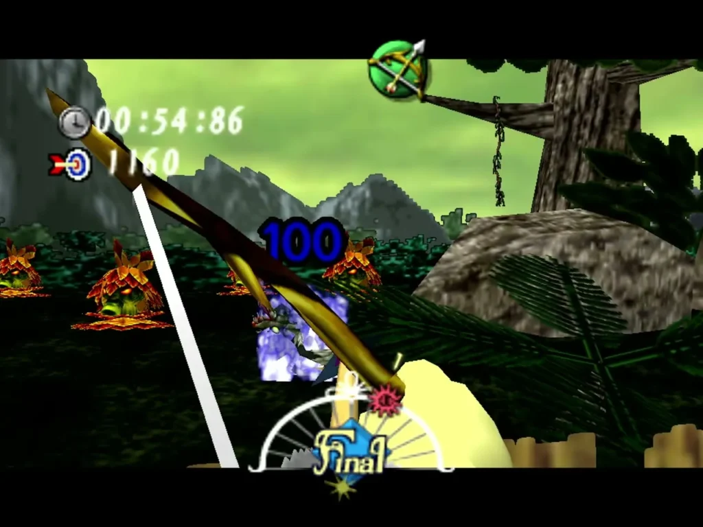 Link aiming the Hero's Bow at Deku Scrub targets in the Swamp Shooting Gallery with 1160 points and a 100 shot