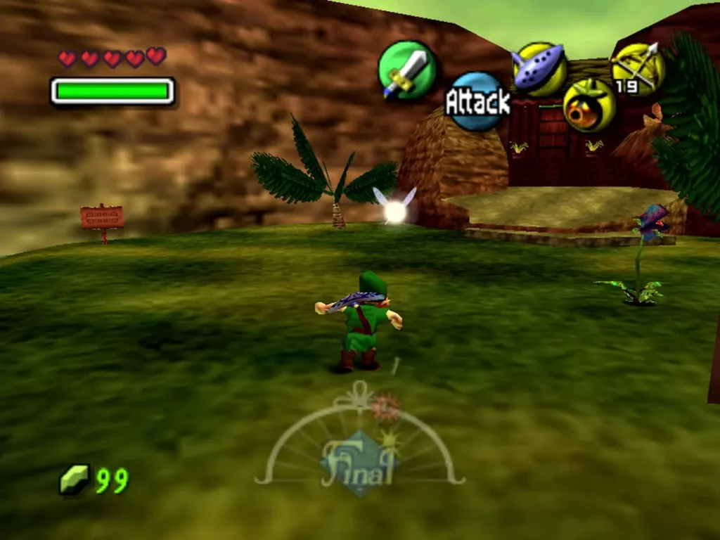 Link running up the swamp road toward a hut, a wooden sign beside the path