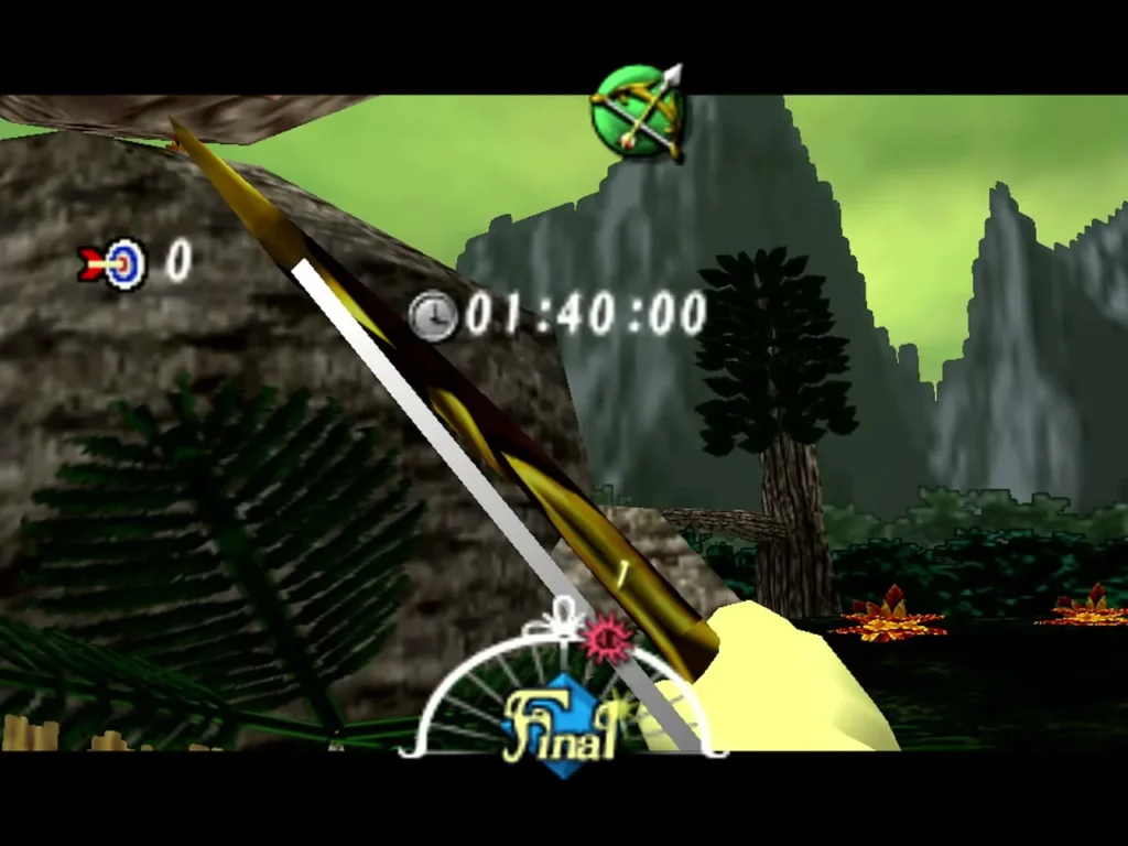 Hero's Bow shot in the swamp gallery with the 1:40 timer and a score of zero