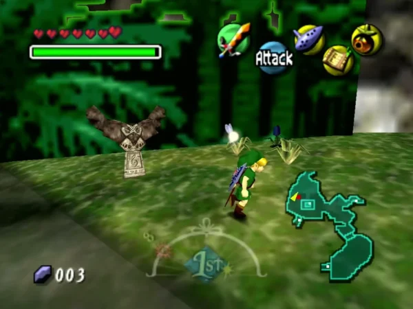 Link standing near the stone Owl Statue in the Southern Swamp