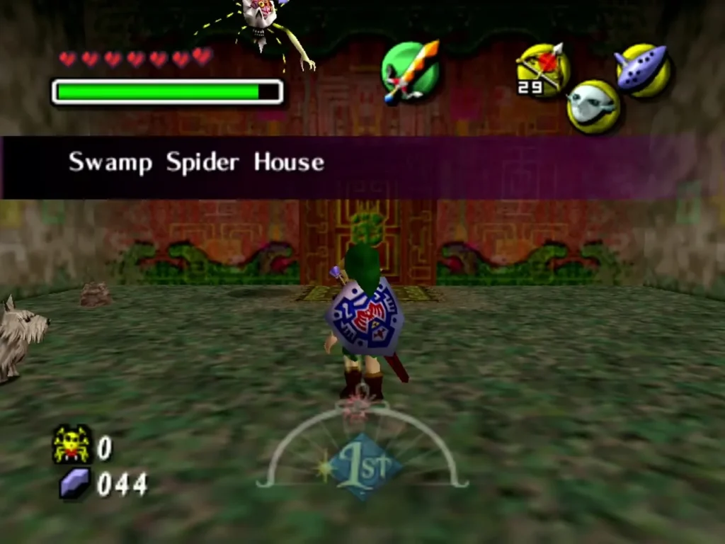 Link outside the Swamp Spider House under its location banner