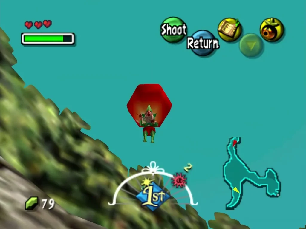 Tingle floating in his red balloon above the path, ready to be popped with a Deku bubble
