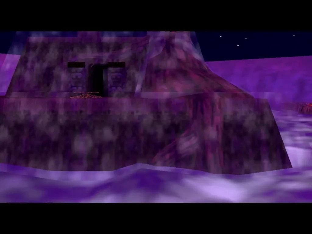 Woodfall Temple rising from the purple swamp water with its entrance doorway showing