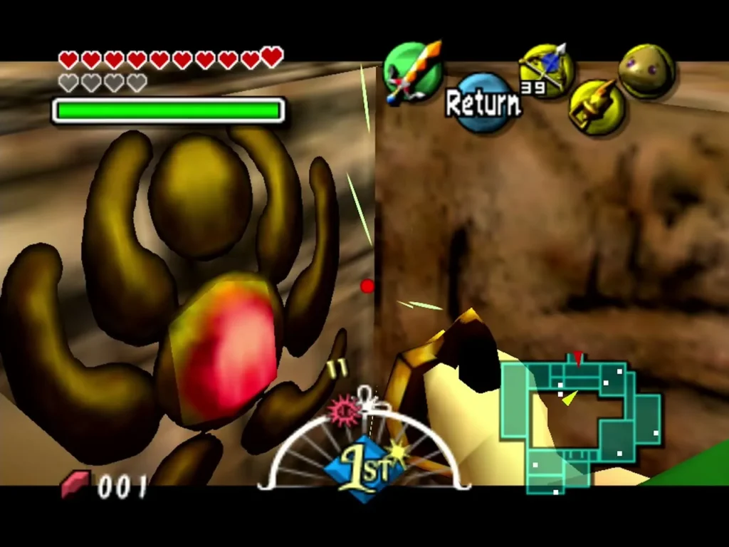 Link aims the Hero's Bow at a red gem set in a gold bracket on the wall of a Stone Tower room Link aims the Hero's Bow at a red gem set in a gold bracket on the wall of a Stone Tower room