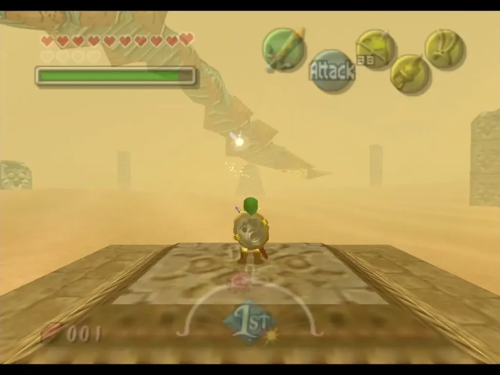 Link in the Giant's Mask on a stone dais in the sandstorm with a Twinmold worm body rising behind him Link in the Giant's Mask on a stone dais in the sandstorm with a Twinmold worm body rising behind him