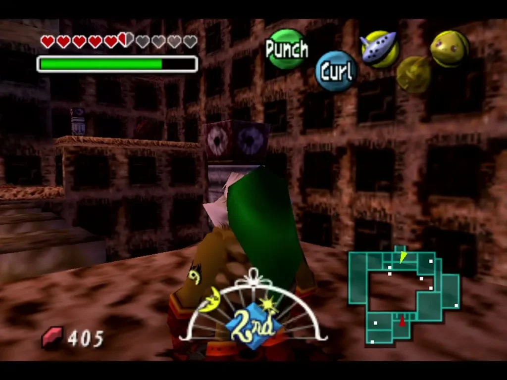 Link in Goron form, with the Goron Mask's Punch and Curl commands on screen Link in Goron form, with the Goron Mask's Punch and Curl commands on screen