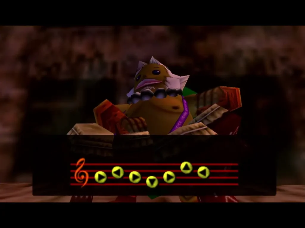 Goron Link plays the Elegy of Emptiness as the staff notes appear on screen Goron Link plays the Elegy of Emptiness as the staff notes appear on screen