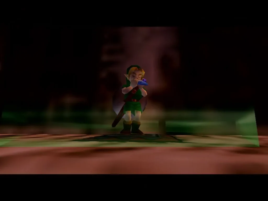 A green light rises around Link as he plays the Elegy of Emptiness A green light rises around Link as he plays the Elegy of Emptiness