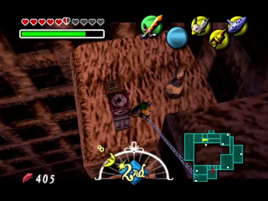 Link hangs from the Hookshot chain toward the next level of the Stone Tower Link hangs from the Hookshot chain toward the next level of the Stone Tower