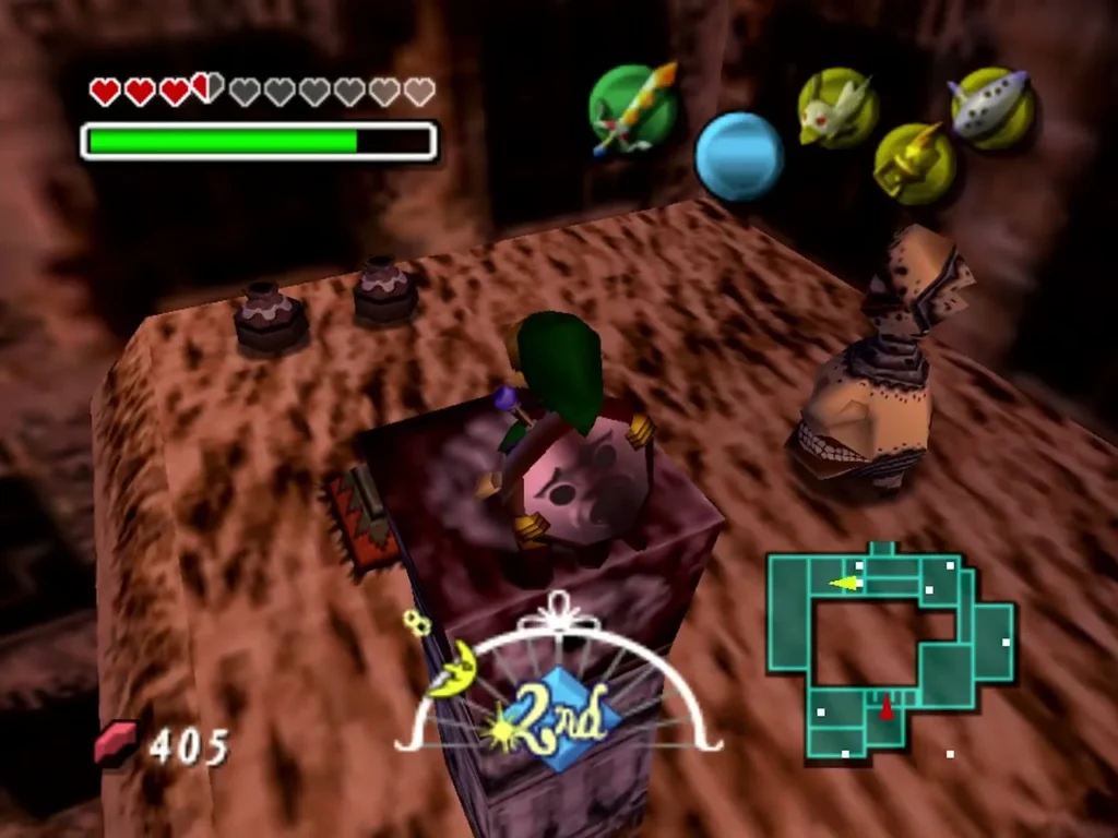 Link stands on a raised platform in the Stone Tower's red-brown rooms Link stands on a raised platform in the Stone Tower's red-brown rooms