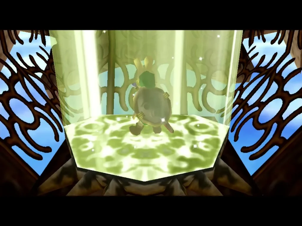 Link standing in the green light pillar on the stone pad above the sky Link standing in the green light pillar on the stone pad above the sky