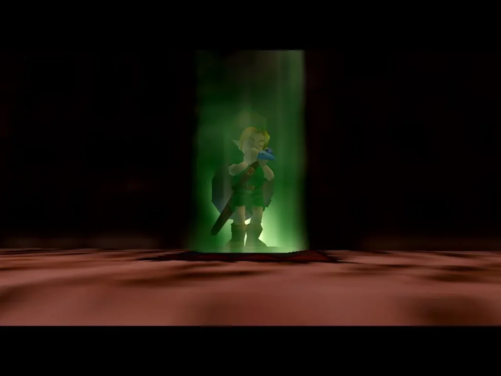 Link stands in a green light beam at the moment his statue forms after the Elegy Link stands in a green light beam at the moment his statue forms after the Elegy