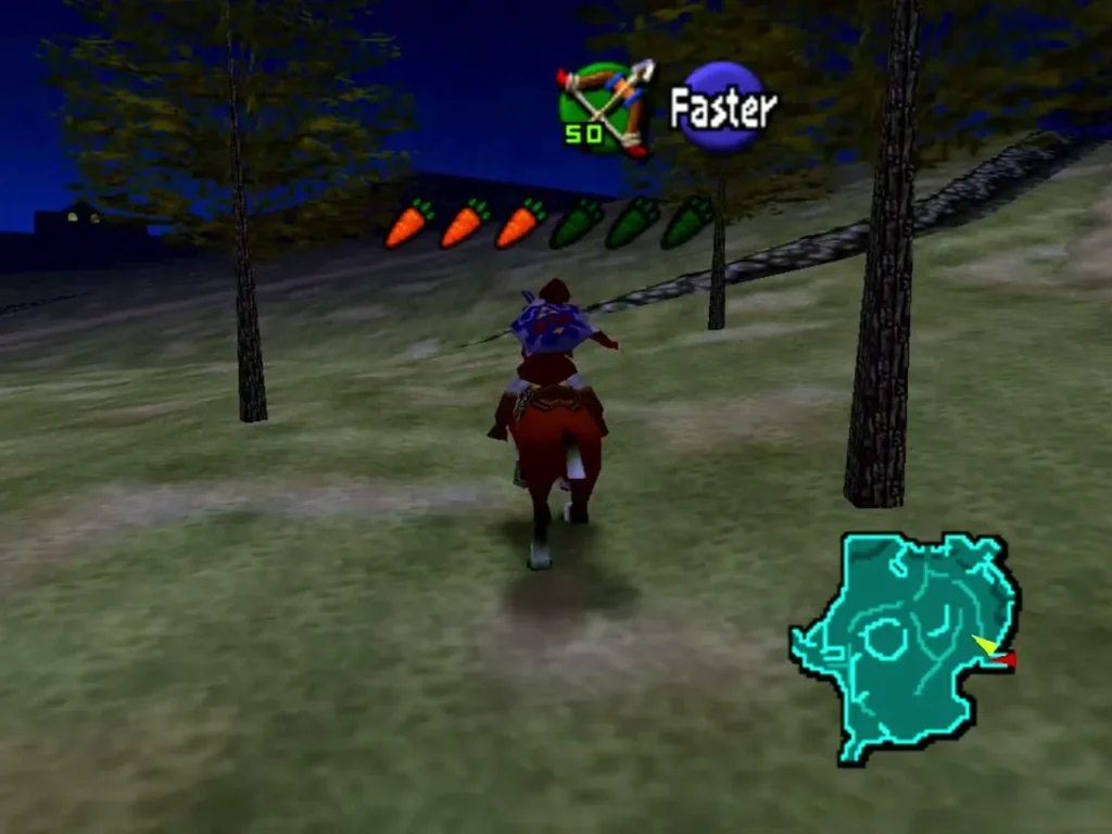 Adult Link riding Epona across a night Hyrule Field with the carrot gauge showing