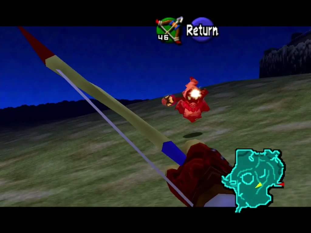 Link aiming the Fairy Bow at a Big Poe that has appeared near the wall