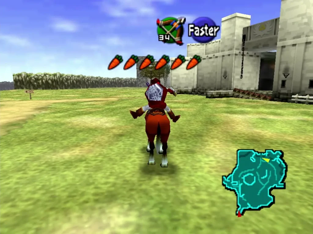Link riding Epona across the grass toward the gate of Hyrule Castle Town