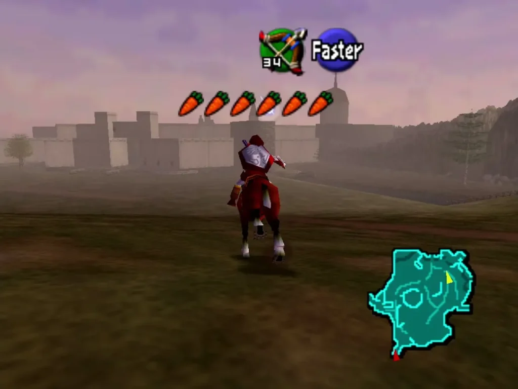 Link on Epona riding toward the Hyrule Castle Town walls at dusk
