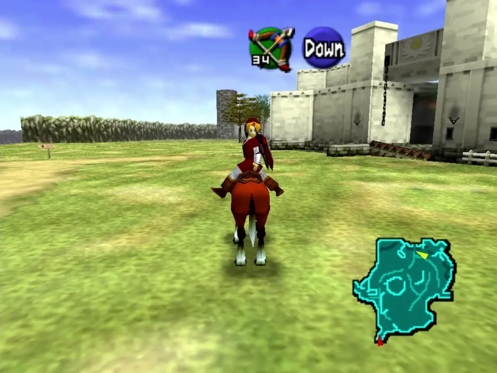 Link riding Epona over the open grass beside the walls of Hyrule Castle Town
