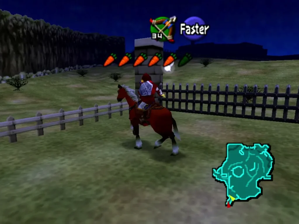 Link riding Epona along a wooden fence beside a stone gate post at night
