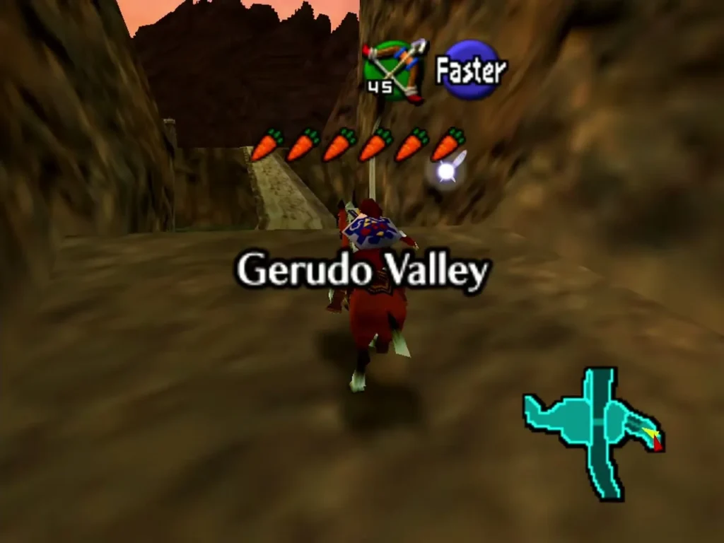 Link riding Epona into Gerudo Valley as its name appears