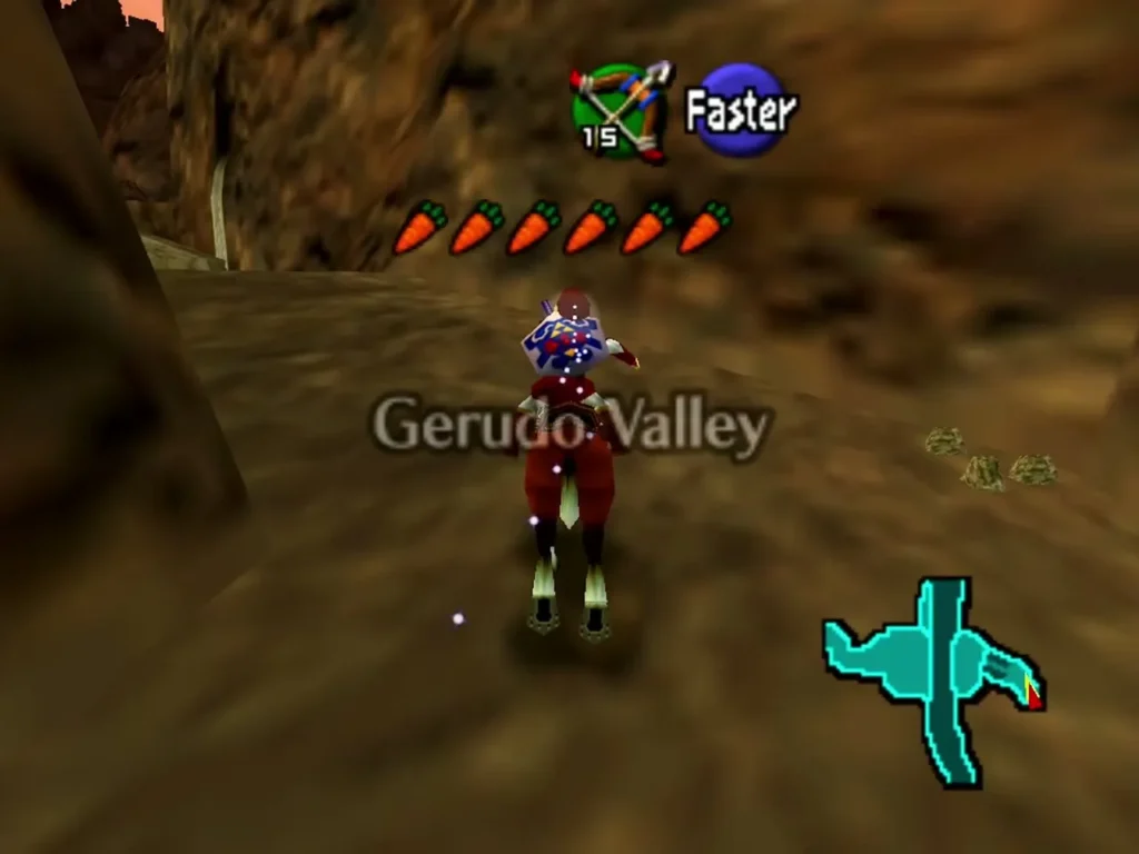 Link riding Epona down the Gerudo Valley road between rock walls