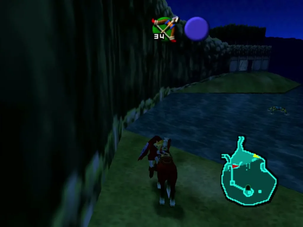 Link riding Epona along a lakeside path at night with a building beyond