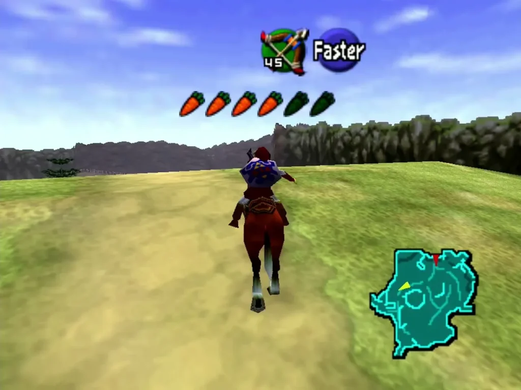 Link riding Epona along the dirt road across Hyrule Field toward Gerudo Valley