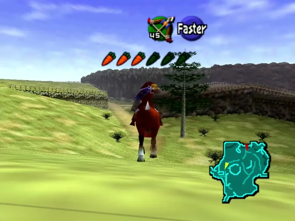 Link riding Epona past a tall tree and a wooden fence beside the road