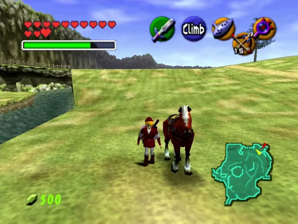 Link standing with Epona on grass beside a narrow stream in Hyrule Field