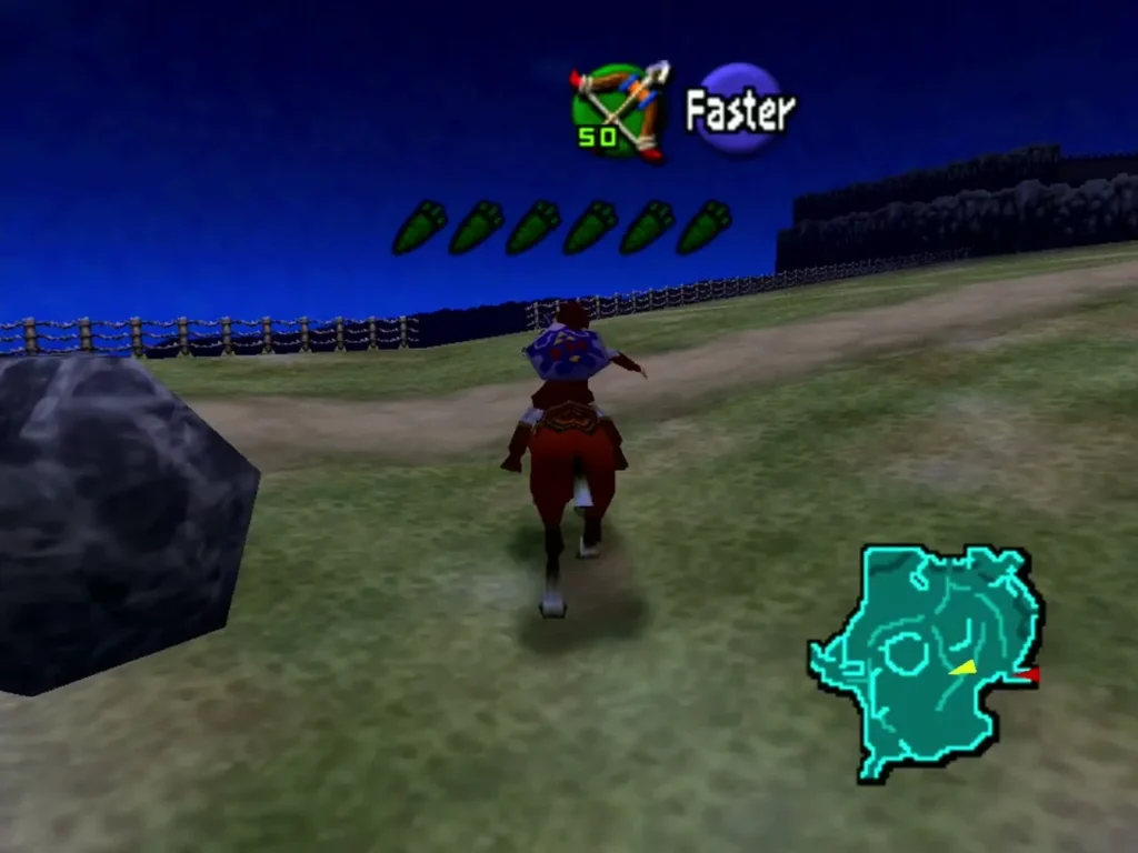 Link riding Epona past a grey boulder beside the path at night