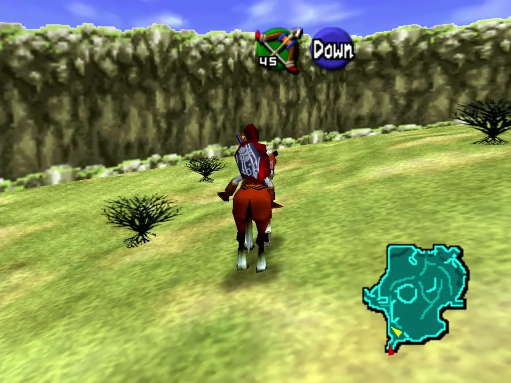 Link riding Epona along a hedge-covered cliff wall with brush beside the path