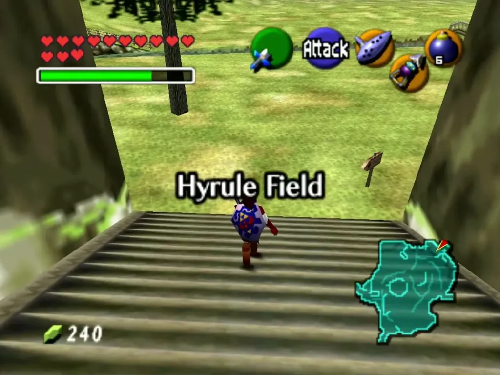 Link running up the steps outside Kakariko Village toward Hyrule Field